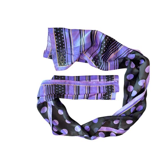Oscar- Oscar De La Renta- silky purple black polka dots- neck scarf- gold - Picture 2 of 7
